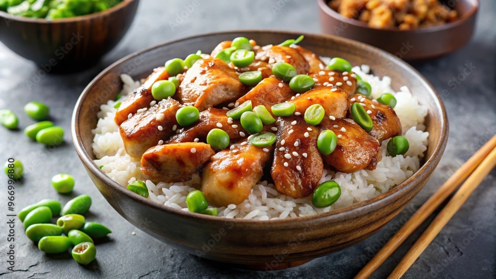 Teriyaki chicken with rice and edamame beans in gray bowl Japanese cuisine Close-Up Teriyaki chicken with rice and edamame beans in gray bowl Japanese cuisine Close-Up