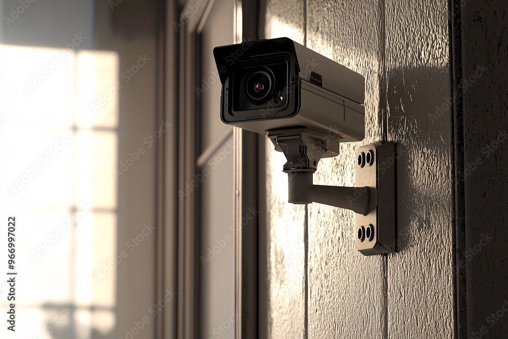 A modern security camera mounted on a wall, capturing detailed images for protection and monitoring. A modern security camera mounted on a wall, capturing detailed images for protection and monitoring.