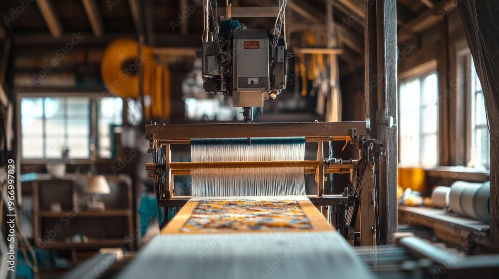A robot weaving complex textile patterns on a loom, with a rustic wooden house interior in the background. The top of the frame remains open for text. A robot weaving complex textile patterns on a loom, with a rustic wooden house interior in the background. The top of the frame remains open for text.