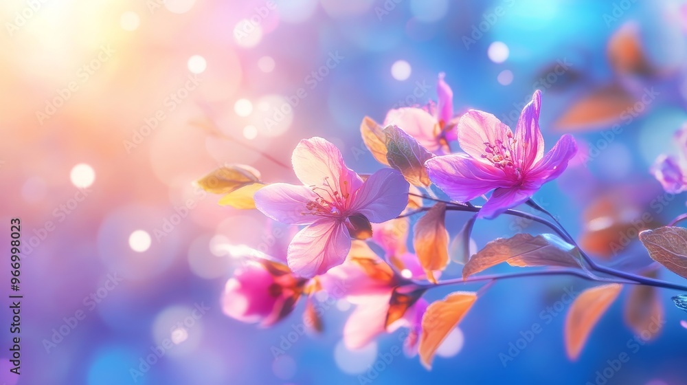 Obraz premium Vibrant flowers and leaves, surreal colors, soft sunlight, digital painting, 3D, sky and floral harmony