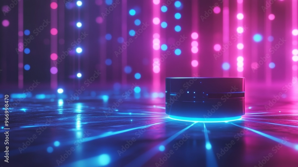 Wi-Fi extender emitting blue pulses of wireless energy, connecting smart devices in a dark room, neon blue and purple lighting, cyberpunk style, 3D render Wi-Fi extender emitting blue pulses of wireless energy, connecting smart devices in a dark room, neon blue and purple lighting, cyberpunk style, 3D render