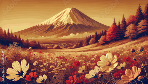 Autumn flower cosmos looking up at the majestic Mt.Fuji.
Vector illustration.