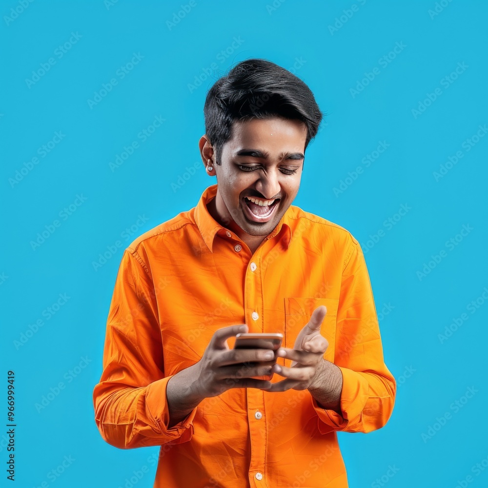 Bright Moment: Indian Male Expressing Joy While Checking Phone on Blue Background generative ai Bright Moment: Indian Male Expressing Joy While Checking Phone on Blue Background generative ai