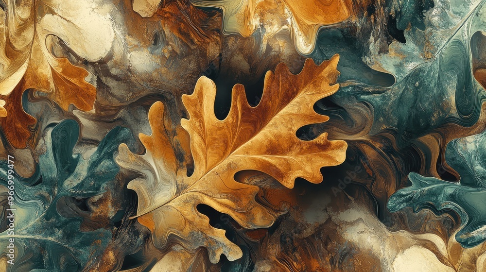 The artwork features a vibrant melting pattern with green, orange, and brown leaves, creating an abstract autumnal effect The artwork features a vibrant melting pattern with green, orange, and brown leaves, creating an abstract autumnal effect