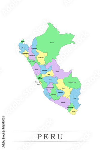 Peru administrative divisions. Peru map illustration vector.	