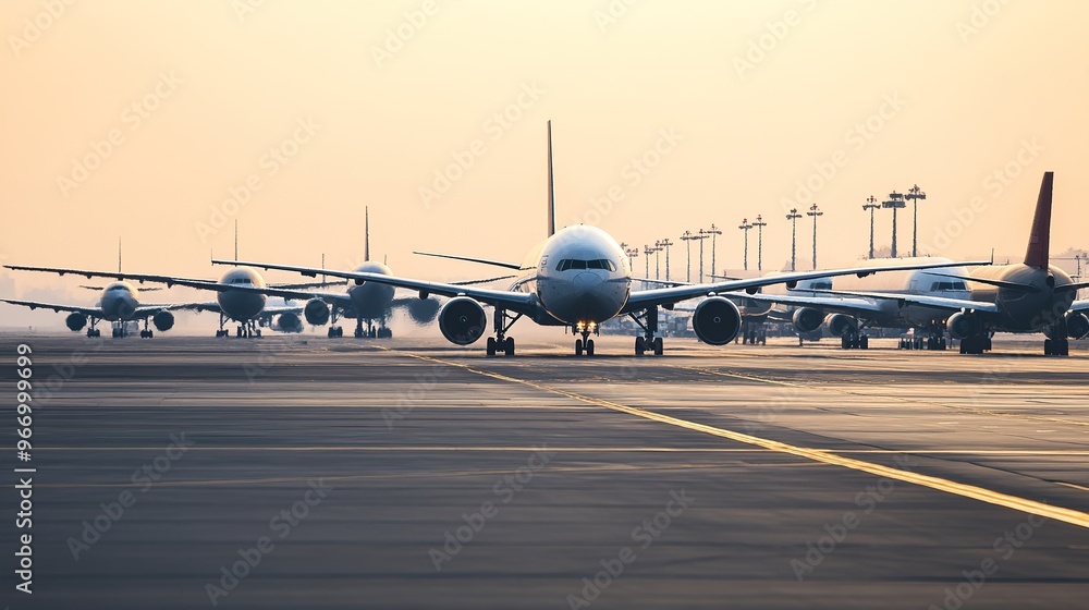 Fototapeta premium Row of airplanes on runway during sunset