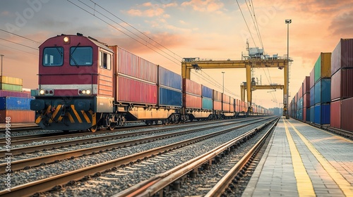 Freight train with containers at sunset, rail transport