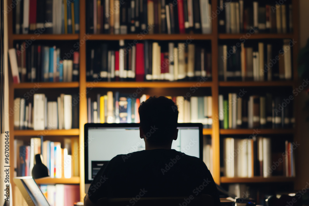 Man in a Home Office on a Video Call with a Large Bookshelf Behind, Highlighting an Organized Workspace and Efficient Virtual Communication Man in a Home Office on a Video Call with a Large Bookshelf Behind, Highlighting an Organized Workspace and Efficient Virtual Communication