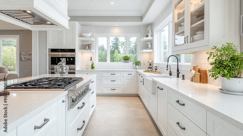 All-white kitchen, estate home, smooth countertops, open layout. All-white kitchen, estate home, smooth countertops, open layout.