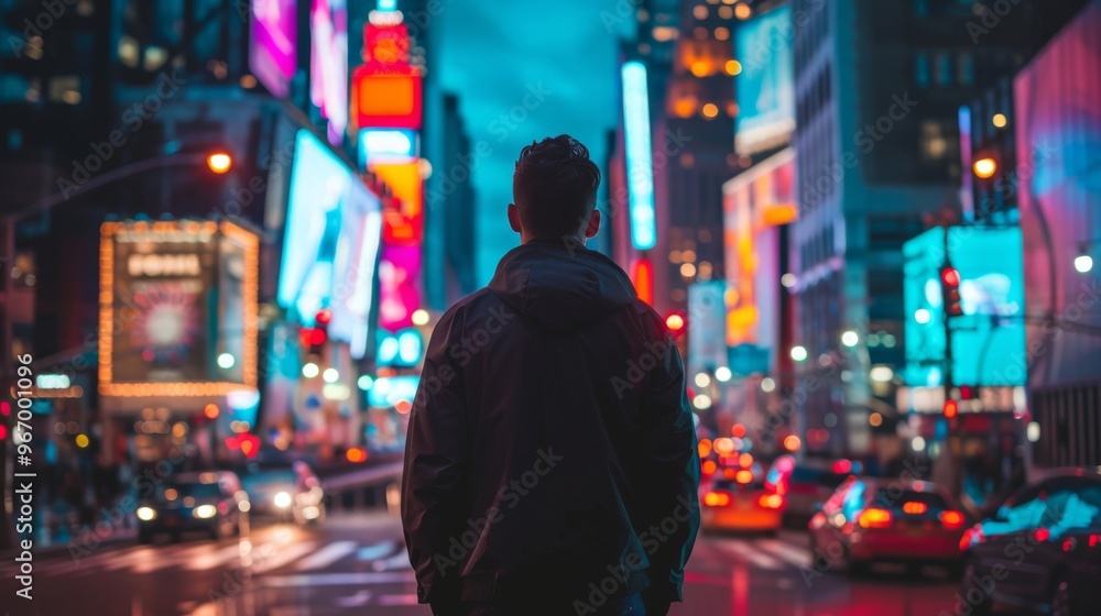 Backlit Wanderer in Vibrant Urban Nightscape generative ai Backlit Wanderer in Vibrant Urban Nightscape generative ai