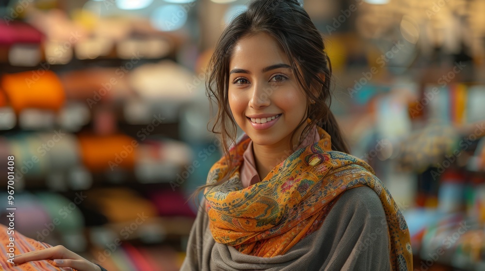 Fototapeta premium Indian Shopping Mall Employee Standing at Billing Counter Handing Over Folded Clothes, Photorealistic generative ai