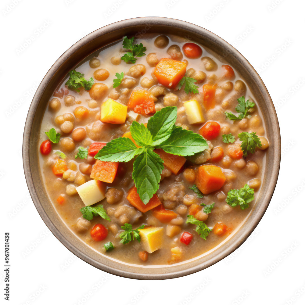 Lentil Chowder on white bowl top view isolated on transparent background Lentil Chowder on white bowl top view isolated on transparent background