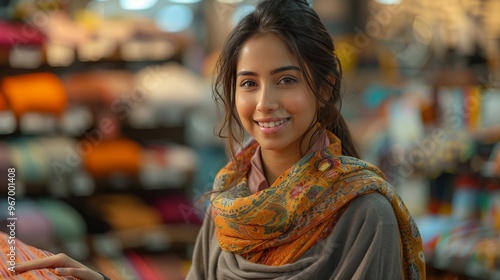 Indian Shopping Mall Employee Standing at Billing Counter Handing Over Folded Clothes, Photorealistic generative ai