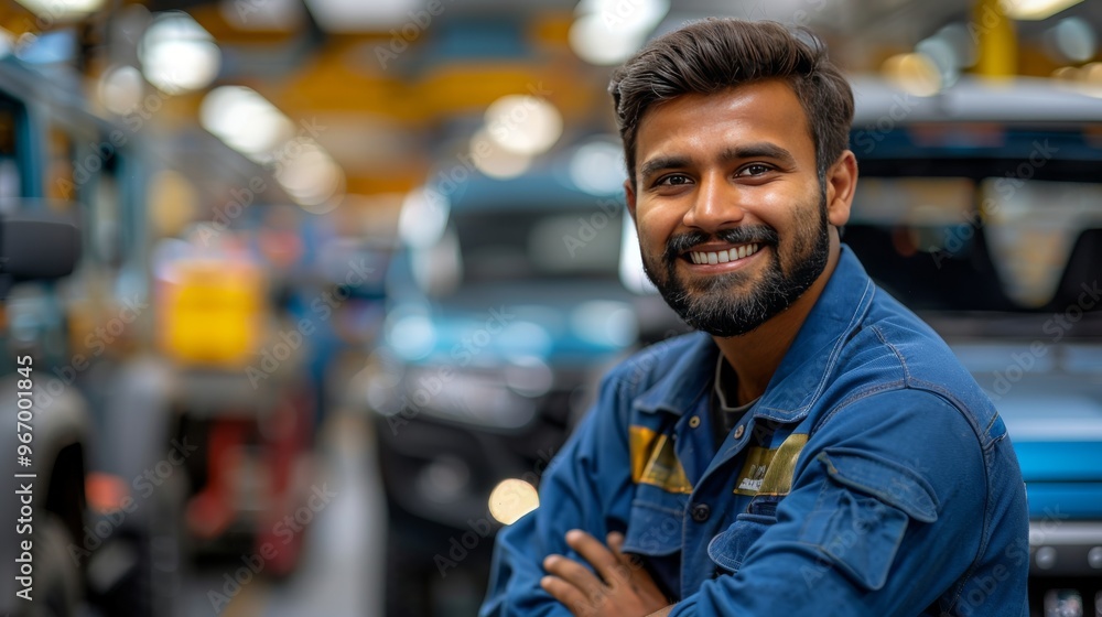 Indian Mechanic with Spanner and Tata Harrier in Background, Service Centre Scene, generative ai Indian Mechanic with Spanner and Tata Harrier in Background, Service Centre Scene, generative ai