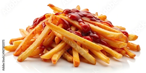 Thin shoestring fries with ketchup drizzle on white background