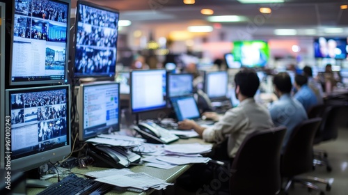 Reporters diligently work in a busy newsroom surrounded by multiple computer screens displaying live updates and breaking news