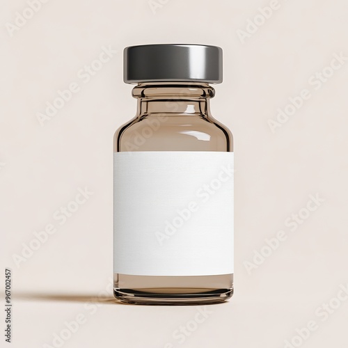 Mockup of a glass injection vial with a PNG label design. photo