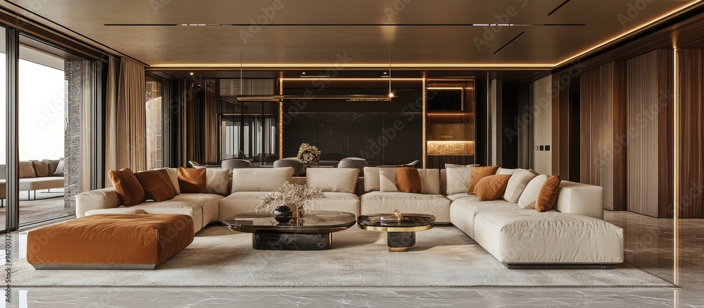 custom made wallpaper toronto digital3D rendering of a spacious contemporary and luxurious living room interior mockup created through digital visualization techniques