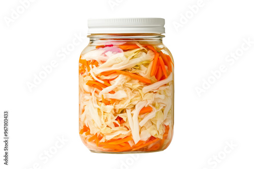 Jar filled with colorful pickled vegetables including cabbage, carrots, and peppers isolated on a white transparent background. Concept of homemade pickles and sauerkraut photo