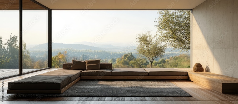 Minimalist living room design featuring a sofa on wooden flooring decorative elements on a large wall and a serene landscape visible through the window Nordic style 3D illustration Minimalist living room design featuring a sofa on wooden flooring decorative elements on a large wall and a serene landscape visible through the window Nordic style 3D illustration