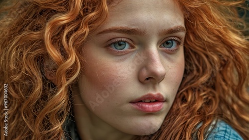 A woman with orange curly hair and blue eyes with freckles on her face.