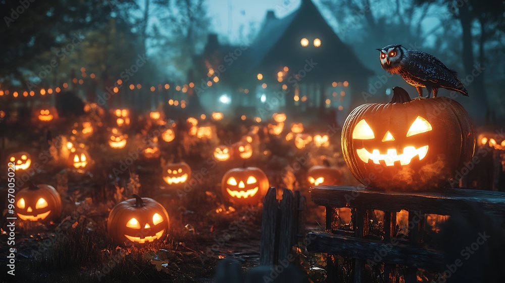 Naklejka premium A spooky Halloween night unfolds with an owl and jack-o'-lantern glowing under the moon.