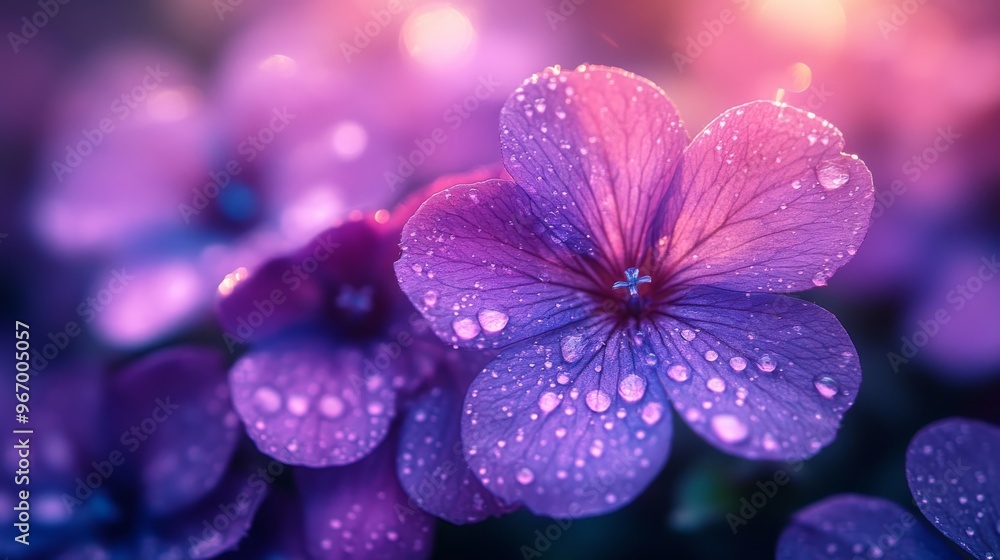 Close-up of purple flower with dewdrops, dreamy nature scene. Tranquility and beauty in nature concept Close-up of purple flower with dewdrops, dreamy nature scene. Tranquility and beauty in nature concept
