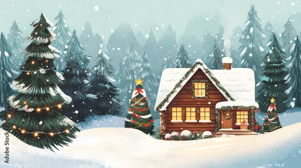 A cozy cabin decorated for Christmas with snow falling around it in a snowy forest. A cozy cabin decorated for Christmas with snow falling around it in a snowy forest.