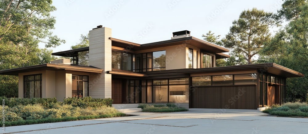 Fototapeta premium Contemporary residence featuring a brown exterior against a white backdrop 3D rendering
