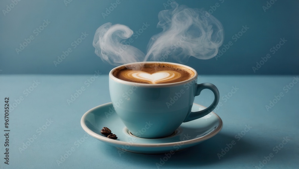 A cup of coffee with steam rising from it and a heart design made from milk on top. A cup of coffee with steam rising from it and a heart design made from milk on top.