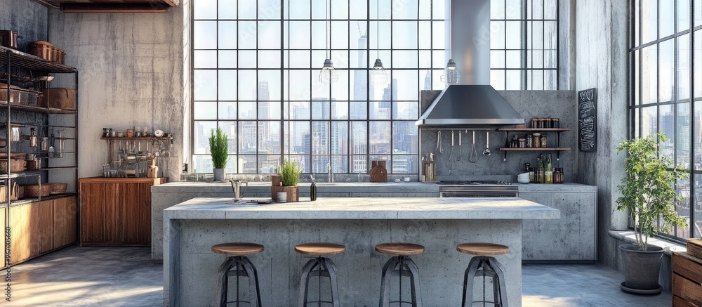 Obraz premium 3D rendering of a modern loft kitchen featuring a stylish concrete interior design