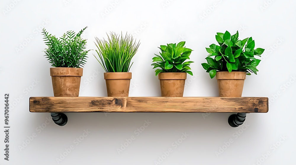 A rustic wood shelf displays potted plants, adding a touch of greenery to the space. A rustic wood shelf displays potted plants, adding a touch of greenery to the space.