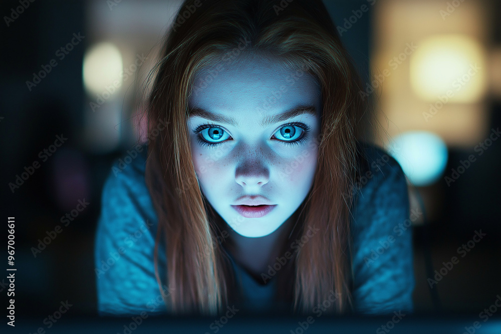 Intriguing Gaze of lady, The blue light from her computer screen illuminates her face Intriguing Gaze of lady, The blue light from her computer screen illuminates her face