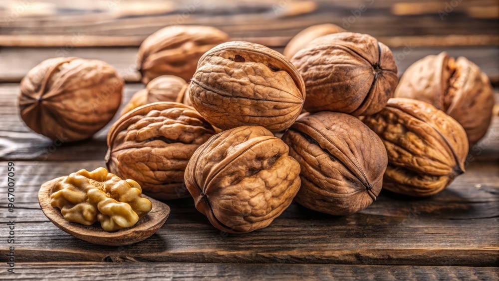 A rustic wooden surface provides the backdrop for a handful of walnut shells, their soft gray-green hue and A rustic wooden surface provides the backdrop for a handful of walnut shells, their soft gray-green hue and