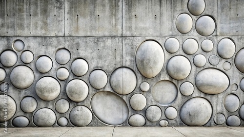 Tilted angle black gray white concrete wall floor with round oval bulges stones cracks texture background photo