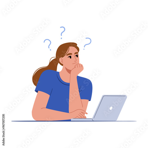 Woman works at a laptop and thinks. Hand drawn vector illustration.