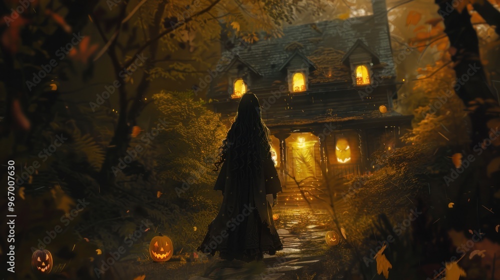 A mysterious figure approaches a glowing, pumpkin-lit house in a forest during autumn. A mysterious figure approaches a glowing, pumpkin-lit house in a forest during autumn.