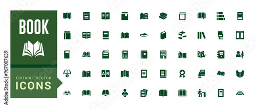 Book icon collection. Related to library, read, author, reading, e-book and more. Filled icon set, glyph icon set for web and ui. Editable stroke. Solid icon set.