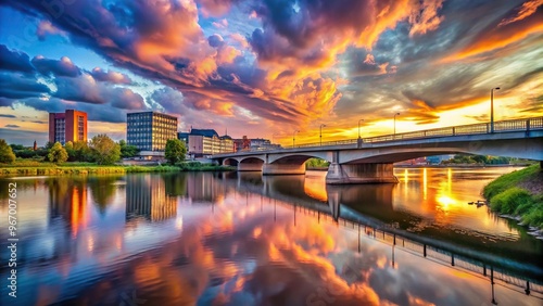 Tilted angle bridge over river with buildings and colorful clouds in background