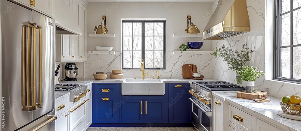 Bright white and blue kitchen featuring gold handles, marble counters, and stainless appliances in a sophisticated setting. Bright white and blue kitchen featuring gold handles, marble counters, and stainless appliances in a sophisticated setting.