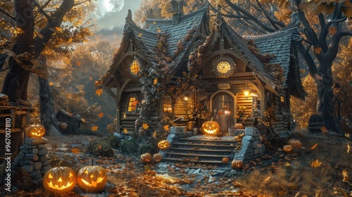 A whimsical Halloween-themed cottage surrounded by autumn leaves and carved pumpkins. photo