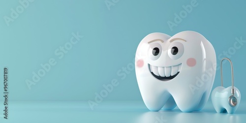 cute tooth 3d kawaii character on a pastel blue background photo