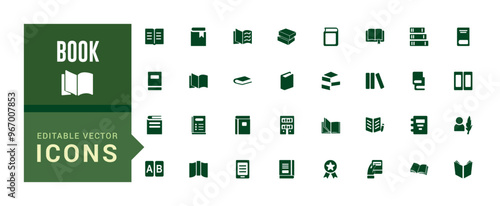 Book icon collection. Related to library, read, author, reading, e-book and more. Filled icon set, glyph icon set for web and ui. Editable stroke. Solid icon set.