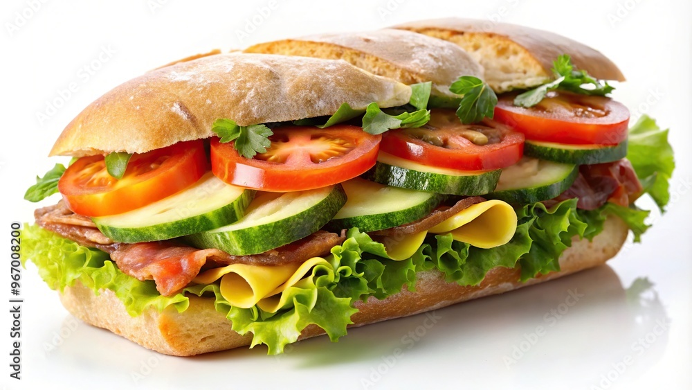 Tilted angle ciabatta sandwich with salad, tomato, cucumber, cheese, and bacon isolated on white Tilted angle ciabatta sandwich with salad, tomato, cucumber, cheese, and bacon isolated on white