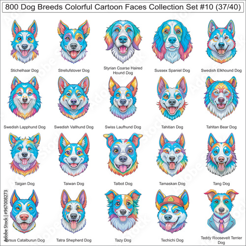 Dog Breeds Colorful Cartoon Dog Faces Collection Set of 800 Dog Faces Isolated Part 37
