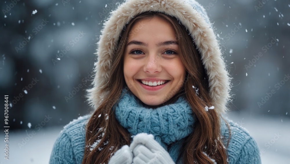 A woman wearing a blue coat and a fur-lined hood is smiling A woman wearing a blue coat and a fur-lined hood is smiling