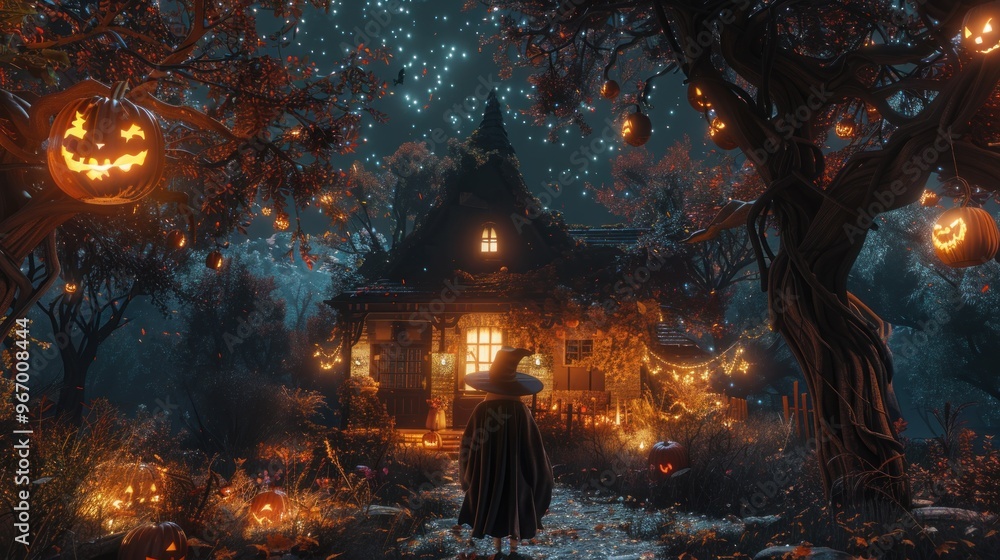 A whimsical Halloween scene featuring a witch in front of a glowing, pumpkin-decorated cottage.