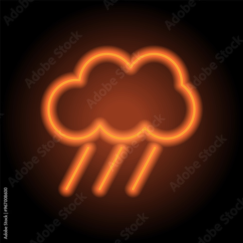 Cloud rain simple icon. Flat design. Orange neon on black background