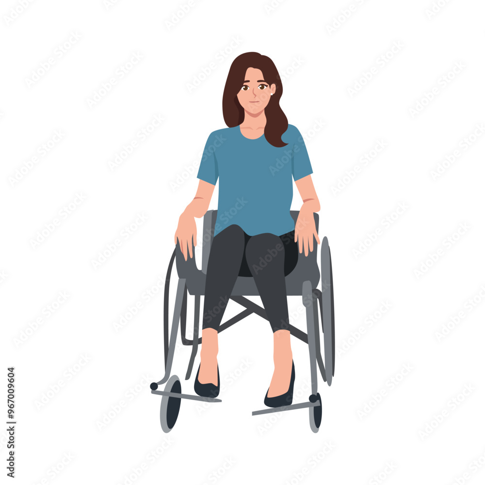 Young woman sitting on a wheelchair. Flat vector Character illustration Young woman sitting on a wheelchair. Flat vector Character illustration