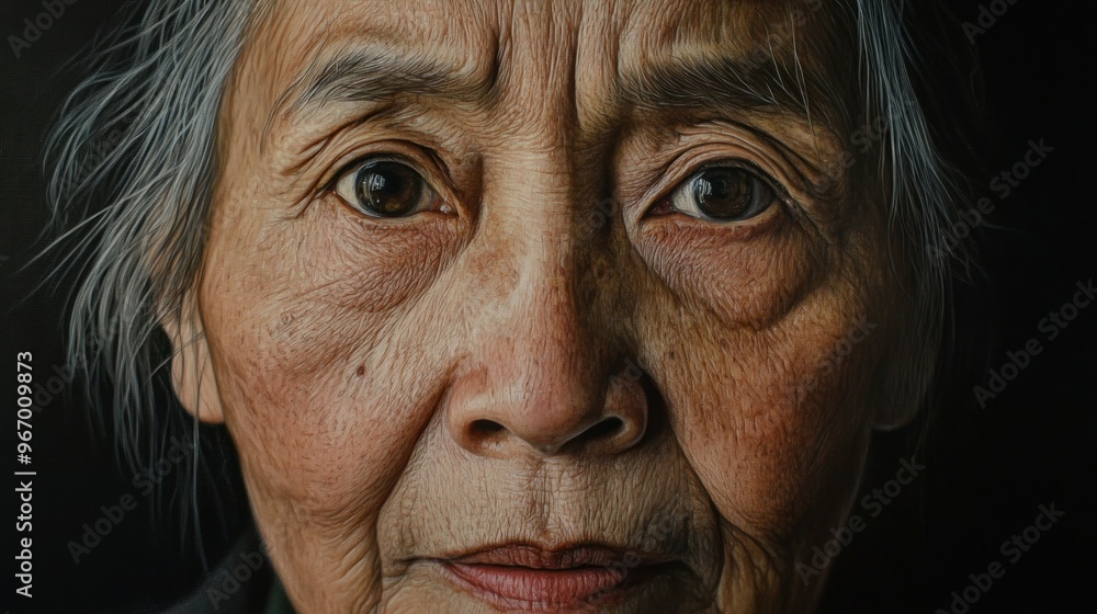 Close-up portrait of an elderly woman with gray hair and wrinkled skin Close-up portrait of an elderly woman with gray hair and wrinkled skin